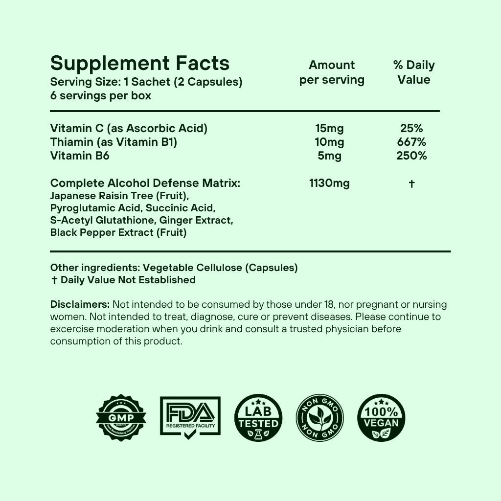 Drinkaid Complete Alcohol Defence supplement facts