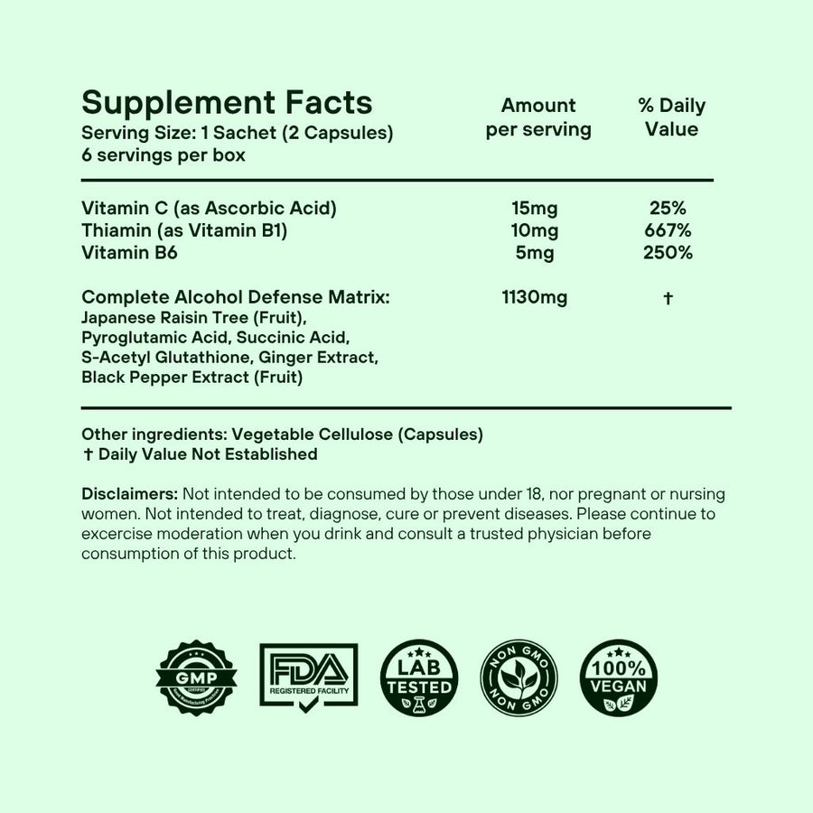 Drinkaid Complete Alcohol Defence supplement facts