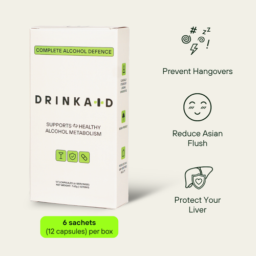 Box of DrinkAid, with key benefits highlighted as preventing hangover, reducing asian flush, and protecting your liver.