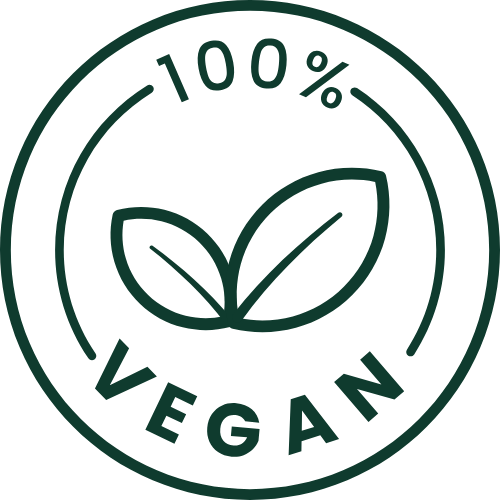 100% Vegan seal featuring a leaf icon

